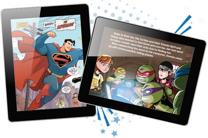 Graphic of tablet devices showing comic books