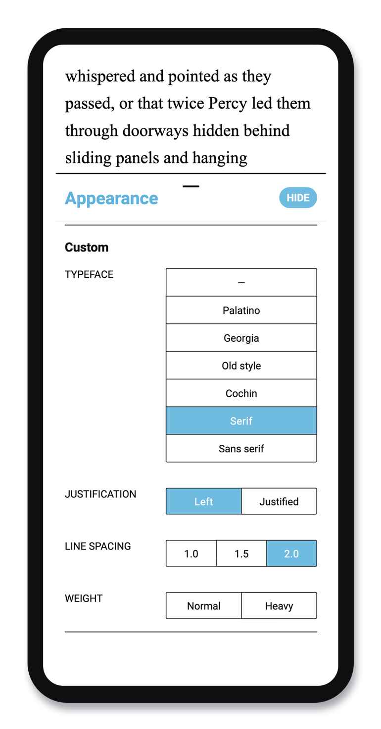 Customizable read settings: typeface, line spacing and more.